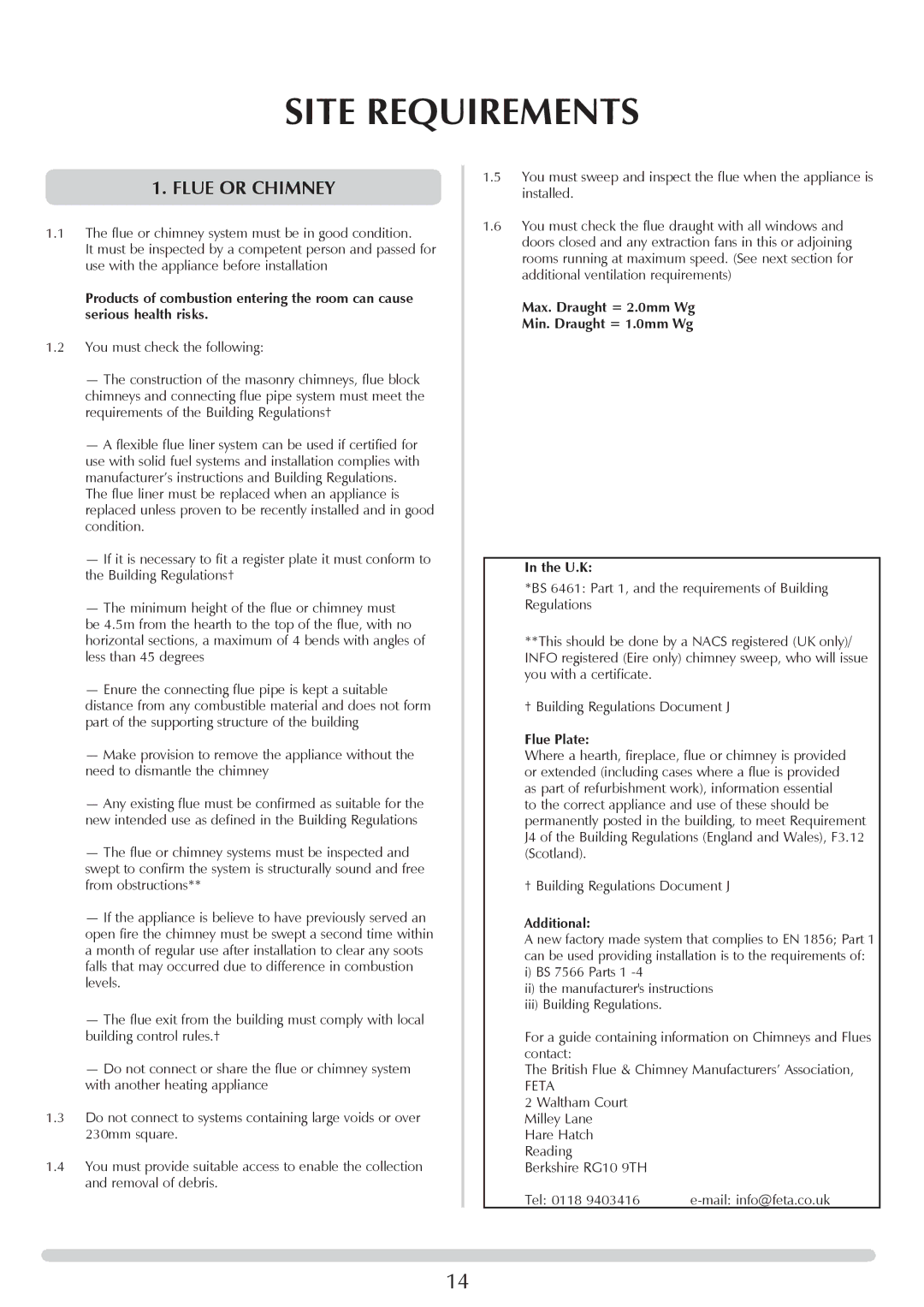 Stovax PM219 manual Site Requirements, Flue or Chimney, Max. Draught = 2.0mm Wg Min. Draught = 1.0mm Wg U.K, Flue Plate 